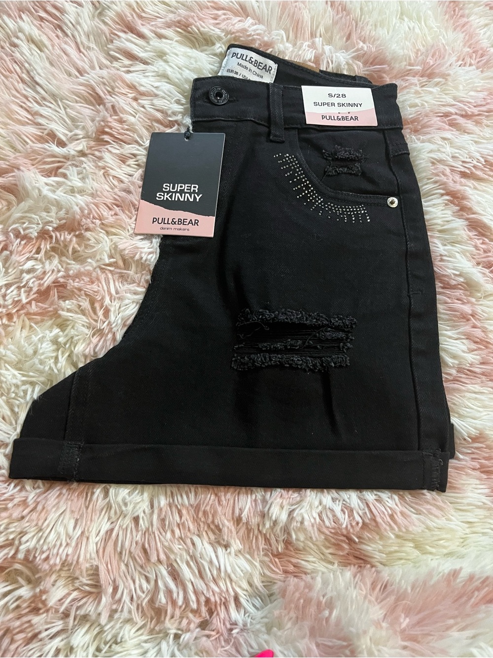 Pull&Bear Black Distressed Super Skinny Denim Shorts